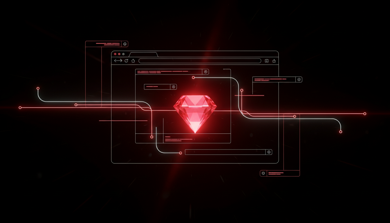 Ilustração conceitual de um gemstone Ruby no centro de uma interface web com componentes reativos conectados por linhas de luz, representando o Glimmer DSL for Web