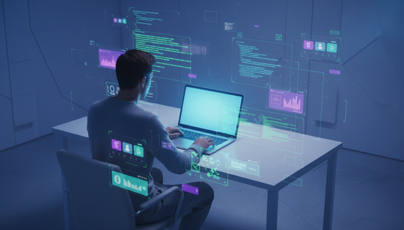 Empreendedor solo trabalhando em laptop com interfaces de aplicativos e código holográfico flutuando ao redor representando o conceito de vibe coding com inteligência artificial