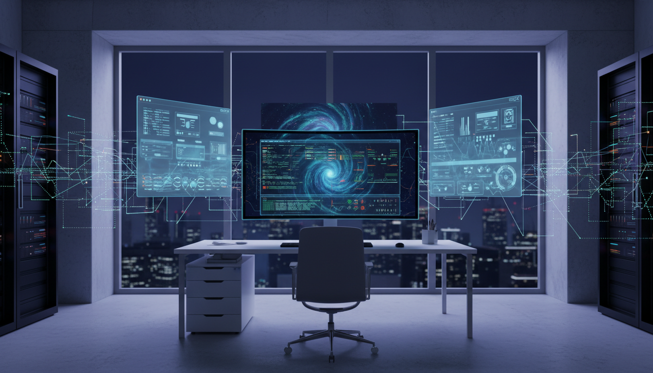 Representação conceitual de múltiplas interfaces de DevOps — terminal, GUI e agentes de IA — conectadas em um fluxo de trabalho moderno
