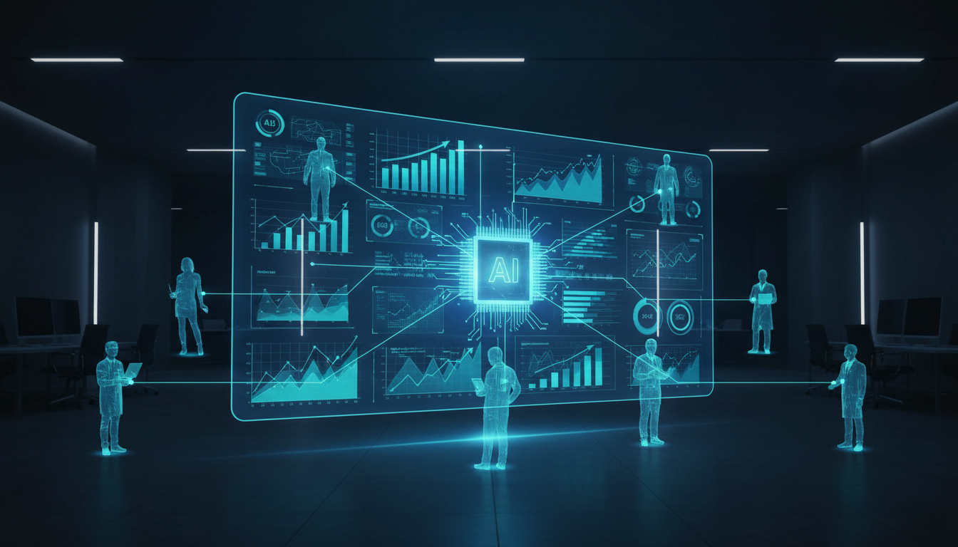 Ilustração conceitual de um painel de dados holográfico mostrando crescimento exponencial na demanda por habilidades de inteligência artificial no mercado de trabalho
