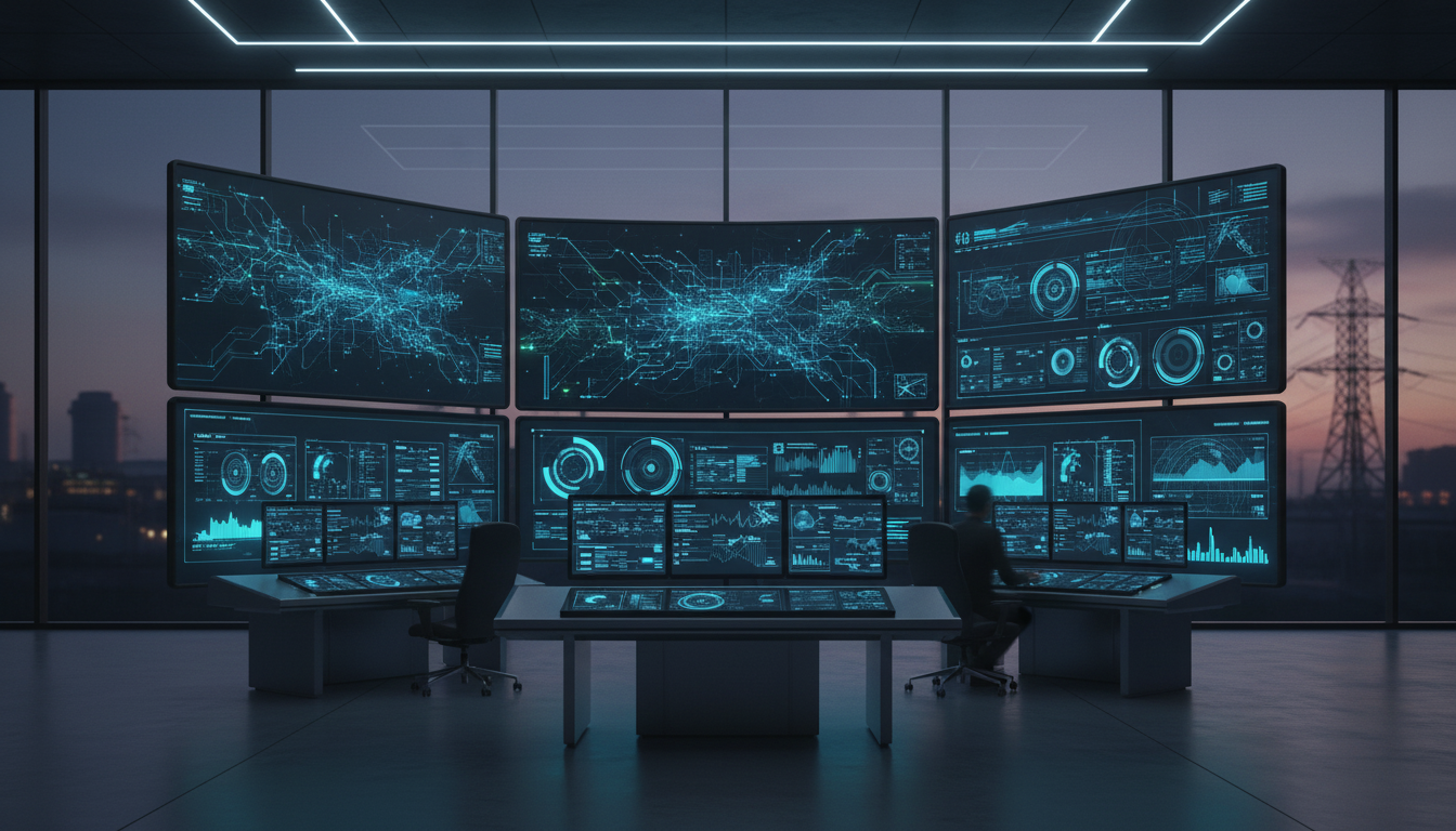 Sala de controle industrial moderna com painéis de monitoramento de ativos OT e visualizações de rede em tempo real, representando cibersegurança em infraestrutura crítica de energia