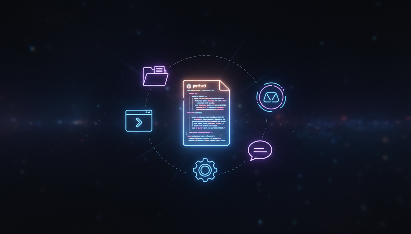 Representação visual de um agente de IA em Python conectando ferramentas do sistema operacional como terminal, arquivos e Docker em ambiente minimalista e futurista