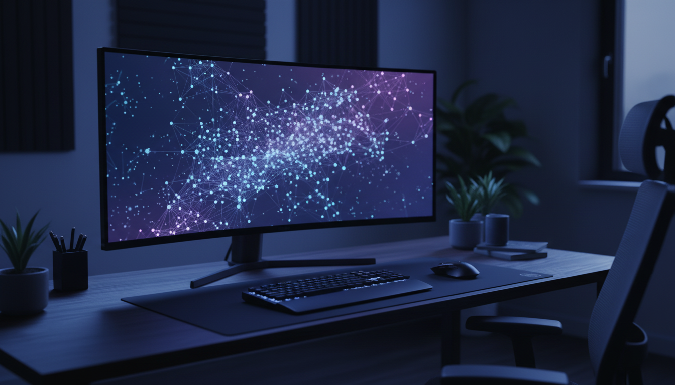 Monitor exibindo um grafo de nos interconectados representando memoria de IA em ambiente de home office minimalista com iluminacao azul e roxa