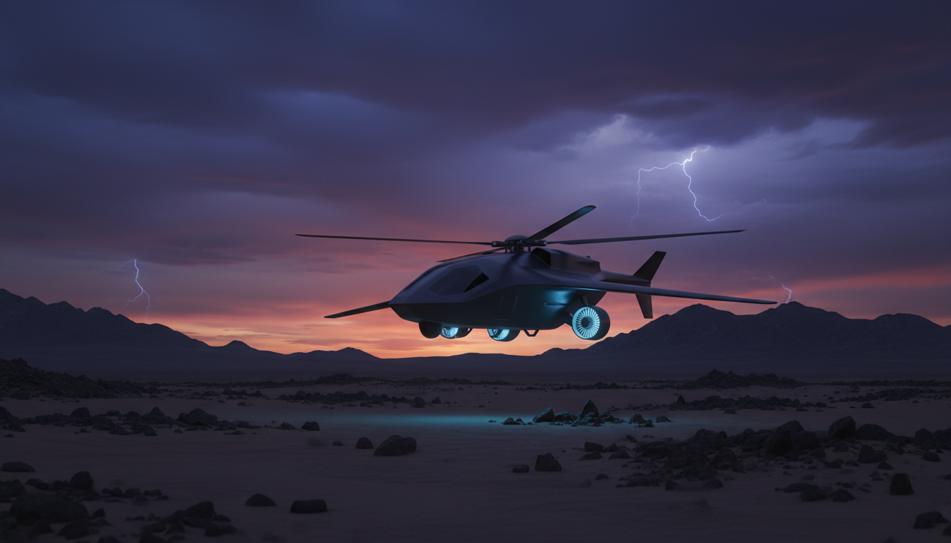 Aeronave autônoma de ataque elétrica voando sobre um deserto ao entardecer, com propulsão elétrica azul brilhante
