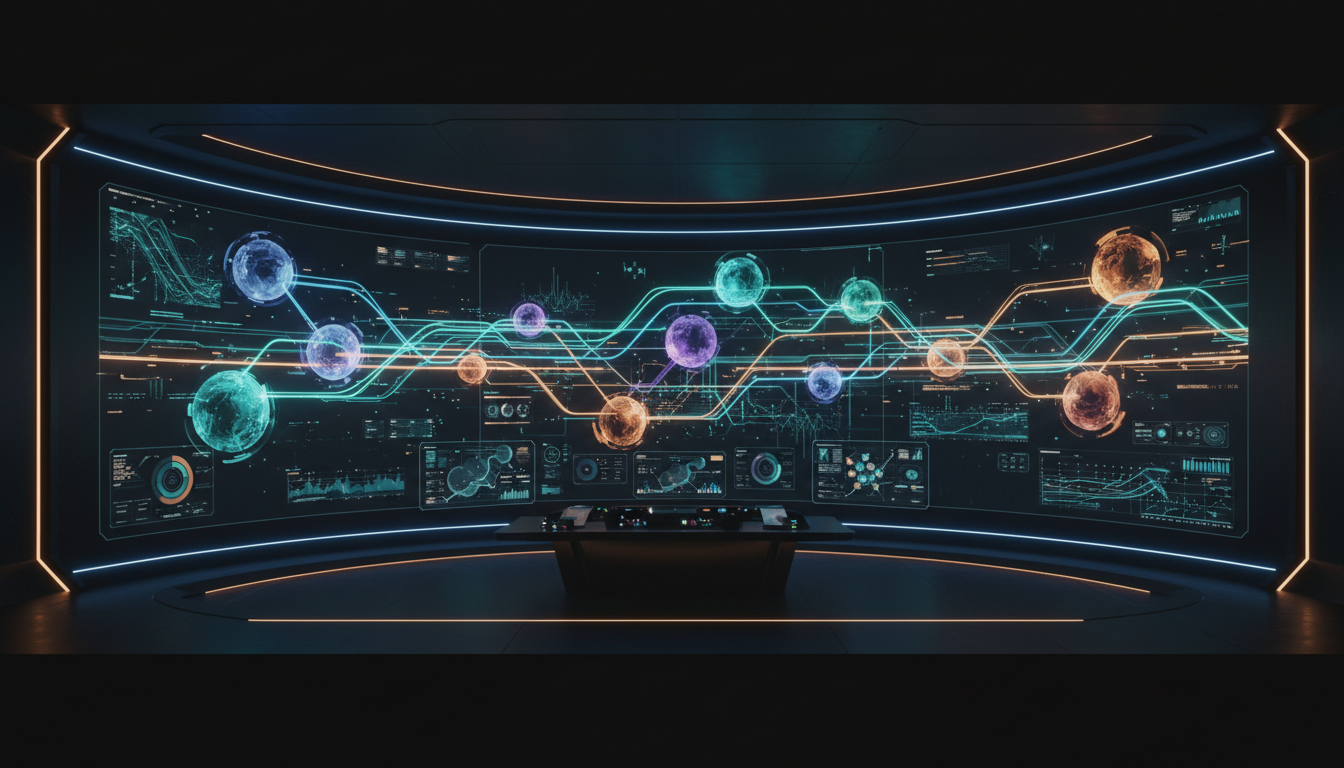 Painel de controle digital futurista mostrando fluxos de roteamento entre nós de modelos de IA com trilhas de luz representando custo e qualidade