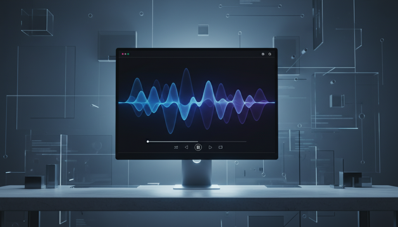 Interface de um player de música moderno com visualização de ondas sonoras em tons de azul e roxo em ambiente escuro minimalista