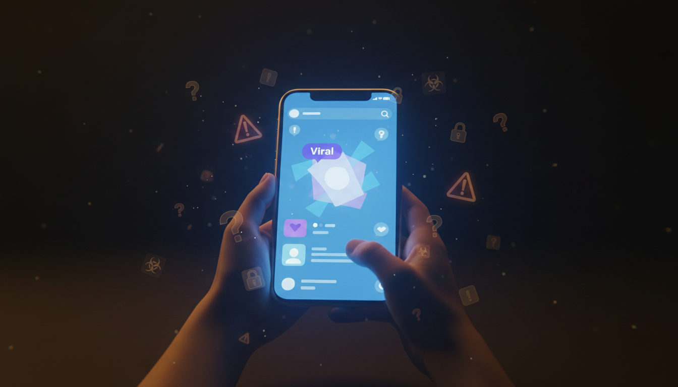 Smartphone exibindo feed de redes sociais com notificacao viral e icones de alerta flutuantes, representando desinformacao e fake news sobre inteligencia artificial