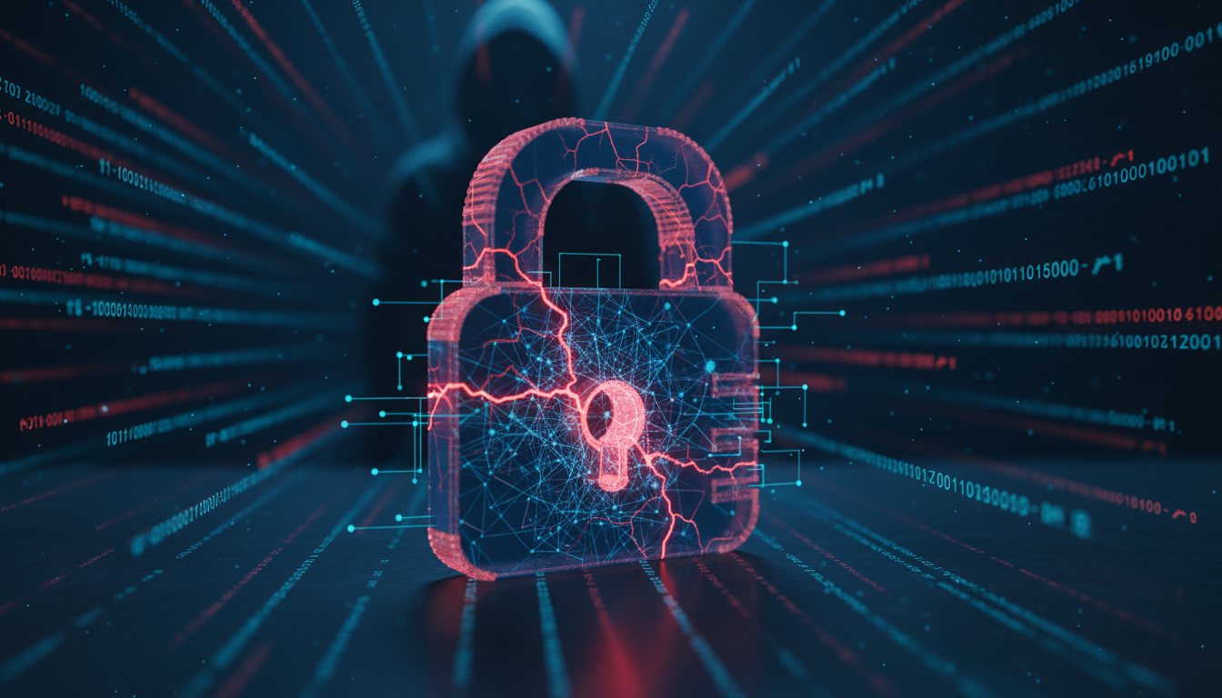 Representação conceitual de ataque de ransomware potencializado por inteligência artificial, com rede neural digital e cadeado quebrado em fundo escuro