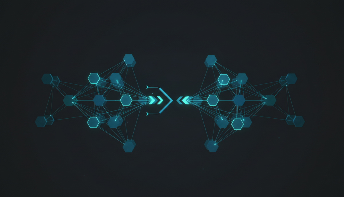 Diagrama conceitual de infraestrutura Kubernetes com nós hexagonais conectados representando um ingress controller NGINX gerenciado via Pulumi