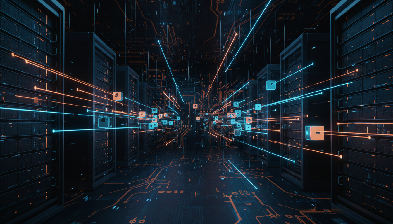 Representação abstrata de blocos de KV cache fluindo entre nós de GPU em um cluster de inferência distribuída, com iluminação cinematográfica em tons azuis e âmbar