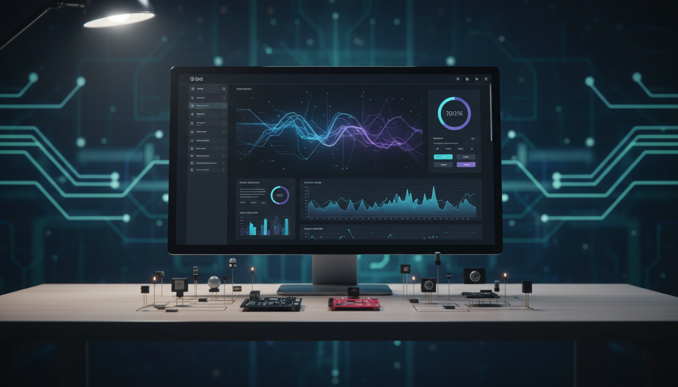 Dashboard web do ESPHome Device Builder exibido em monitor com microcontroladores ESP32 ao redor em mesa de trabalho tech minimalista