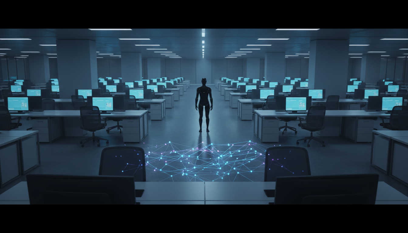 Escritório corporativo moderno com mesas vazias e telas acesas, representando demissões causadas por automação com inteligência artificial