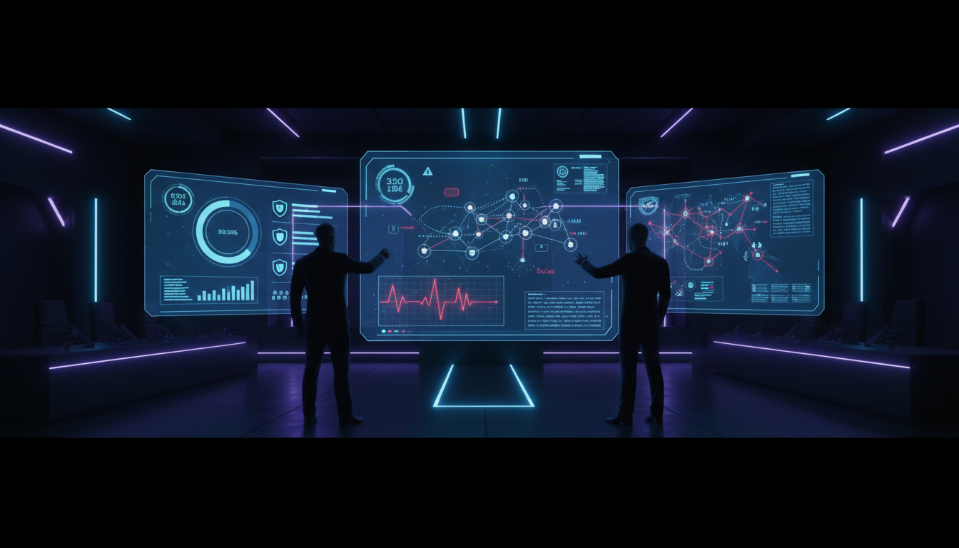 Painel holográfico de monitoramento de cibersegurança e conformidade regulatória em ambiente corporativo moderno