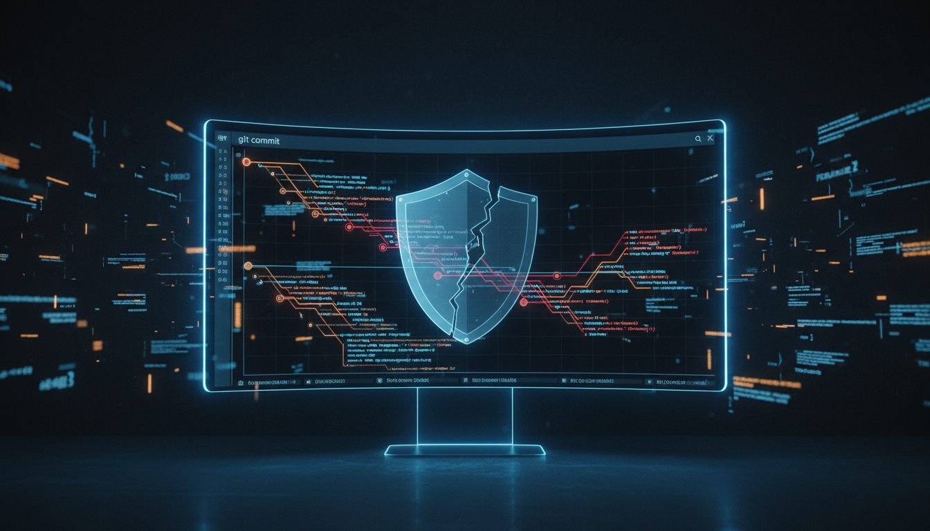 Representação visual abstrata de um grafo de commits Git com nós em estados incompletos de correção, simbolizando vulnerabilidades parcialmente corrigidas em projetos open source