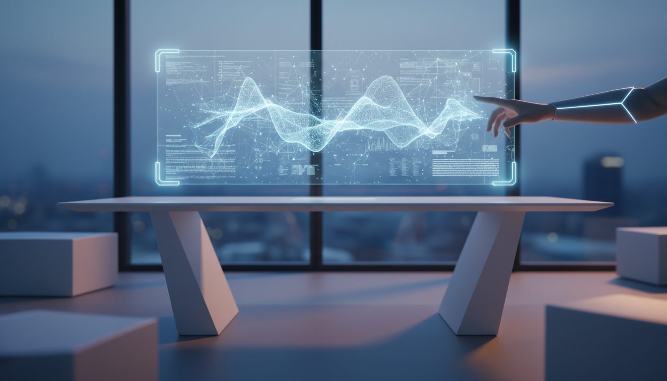 Interface holográfica futurista representando colaboração entre humanos e inteligência artificial em ambiente corporativo moderno