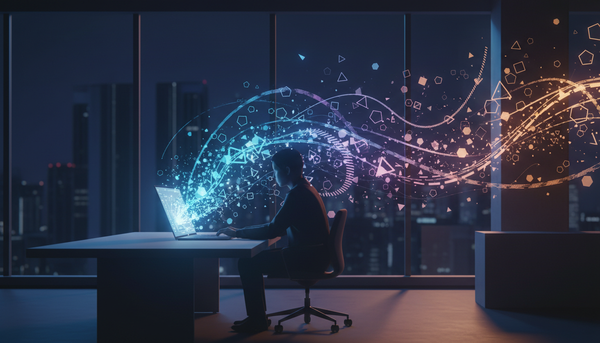 Pessoa em frente a laptop com fluxos de código gerados por inteligência artificial flutuando ao redor, representando o conceito de vibe coding