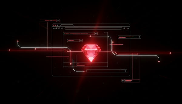 Ilustração conceitual de um gemstone Ruby no centro de uma interface web com componentes reativos conectados por linhas de luz, representando o Glimmer DSL for Web