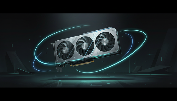 Placa de vídeo Nvidia RTX 5000 Super flutuando em ambiente escuro com iluminação neon azul e verde, estilo editorial minimalista