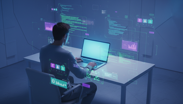 Empreendedor solo trabalhando em laptop com interfaces de aplicativos e código holográfico flutuando ao redor representando o conceito de vibe coding com inteligência artificial