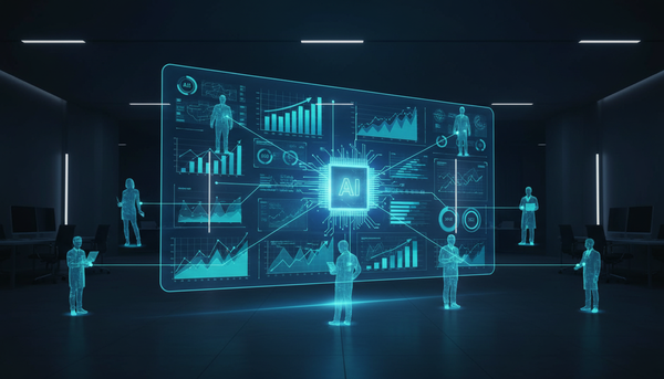 Ilustração conceitual de um painel de dados holográfico mostrando crescimento exponencial na demanda por habilidades de inteligência artificial no mercado de trabalho