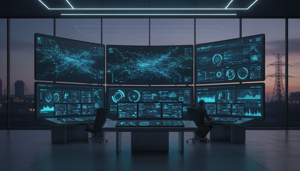 Sala de controle industrial moderna com painéis de monitoramento de ativos OT e visualizações de rede em tempo real, representando cibersegurança em infraestrutura crítica de energia