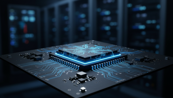 Processador de segurança futurista em placa de circuito com linhas de energia azuis representando proteção de dados e cibersegurança