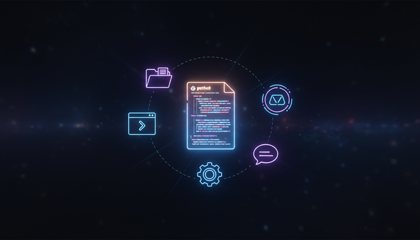 Representação visual de um agente de IA em Python conectando ferramentas do sistema operacional como terminal, arquivos e Docker em ambiente minimalista e futurista