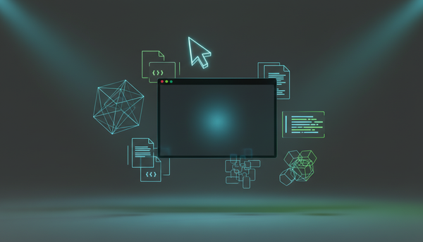 Tela de terminal escura com ícones geométricos representando containers, arquivos de configuração e automação de infraestrutura, em estilo editorial tech minimalista