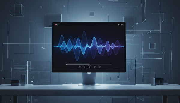 Interface de um player de música moderno com visualização de ondas sonoras em tons de azul e roxo em ambiente escuro minimalista