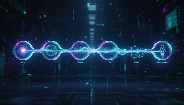 Representação visual abstrata de um pipeline de desenvolvimento de software automatizado por inteligência artificial, com nós conectados iluminados em azul representando as etapas do processo