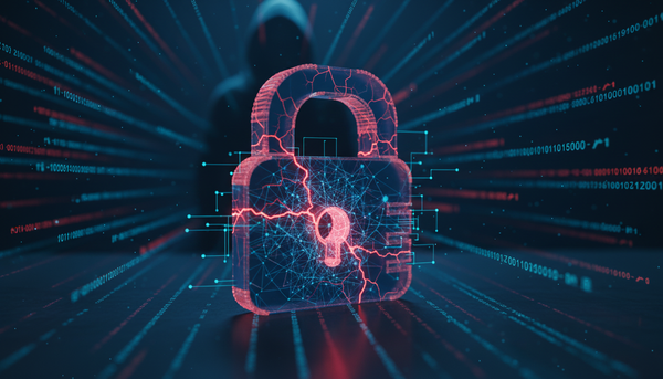 Representação conceitual de ataque de ransomware potencializado por inteligência artificial, com rede neural digital e cadeado quebrado em fundo escuro