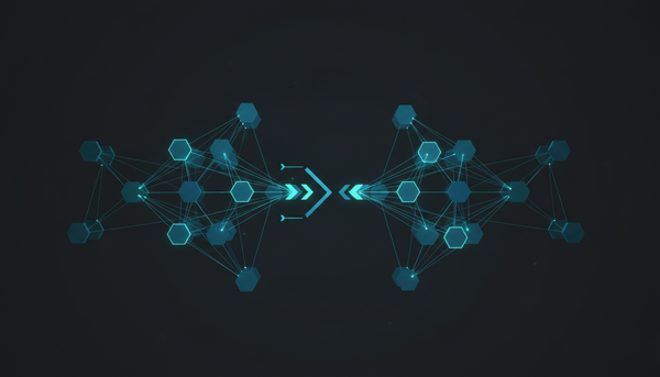 Diagrama conceitual de infraestrutura Kubernetes com nós hexagonais conectados representando um ingress controller NGINX gerenciado via Pulumi
